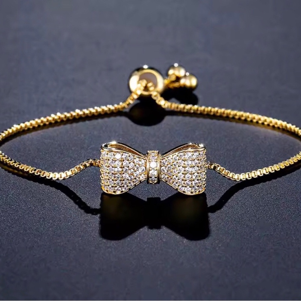 Gold Bow Bracelet with Clear Crystal Accents